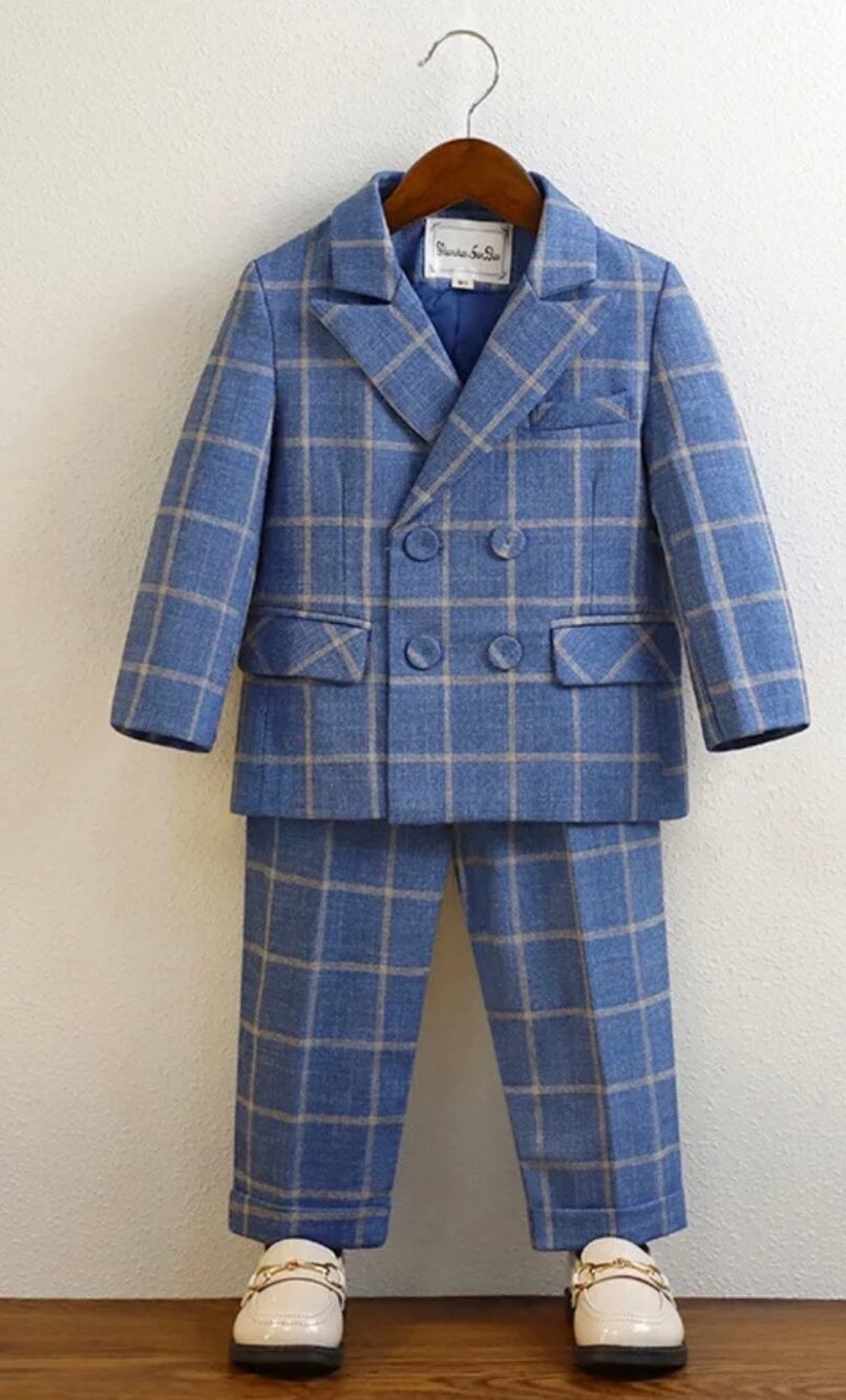 SSLB Blue Plaid Suit Set Blazer & Pants (Size 5Y)